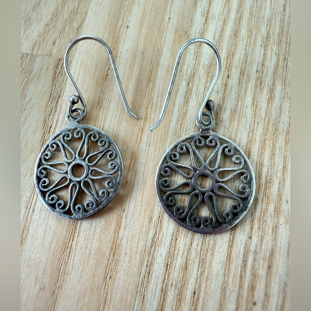 Vintage 925 Sterling silver circle medallion dangle earrings on hooks